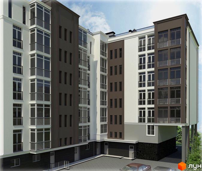 Житловий комплекс Львівська Мрія (Шевченко) з біло-коричневими фасадами та великими вікнами. На прибудинковій території розташований вимощений двір.