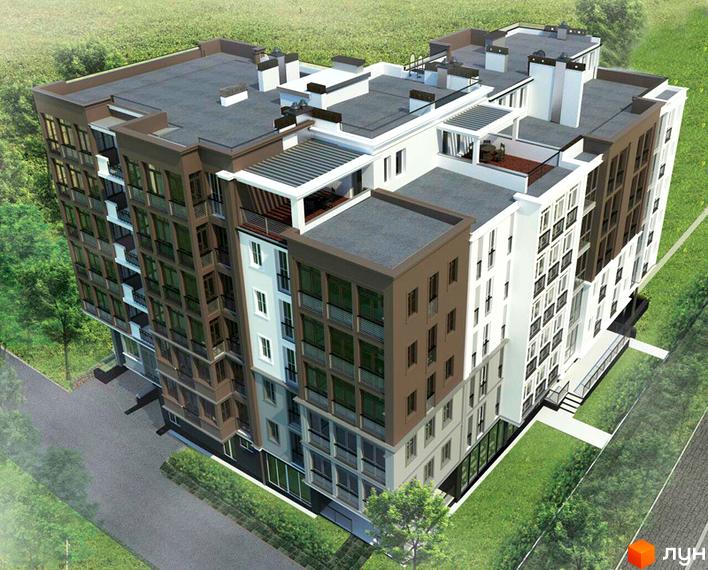 Багатоповерховий будинок ЖК Львівська Мрія (Шевченко) з фасадом у коричневих та білих тонах. На прибудинковій території зелені насадження та асфальтовані доріжки.