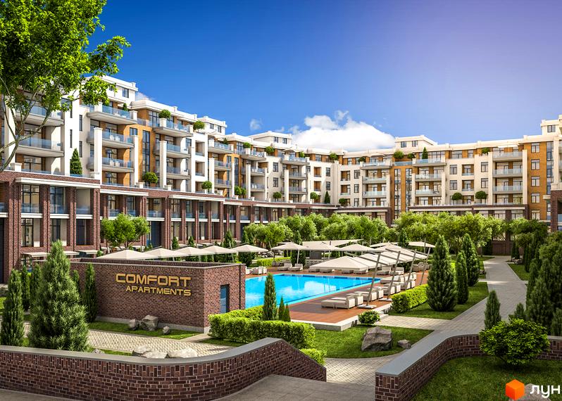 Багатоповерхові будинки ЖК Comfort City з балконами та цегляними фасадами. Територія комплексу має басейн, зелені зони та місця для відпочинку.