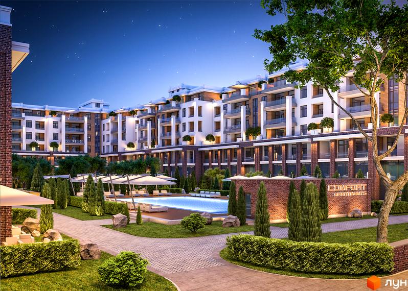 Комплекс Comfort City з басейном та зеленими насадженнями. Сучасна архітектура новобудови з балконами та цегляним оздобленням.