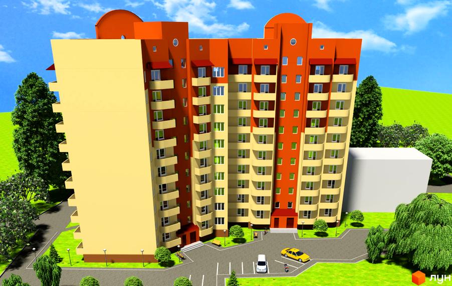 Будівельний проєкт на вул. Степана Тимошенка (Якіра), 7а. Багатоповерховий будинок з оранжевими та бежевими фасадами, балконами та прибудинковою територією з деревами та автомобілями.