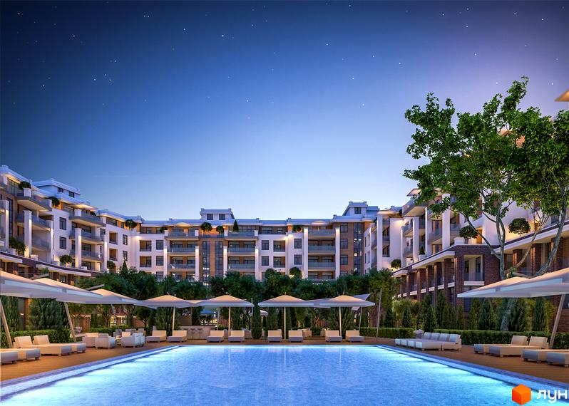 Житловий комплекс Comfort City з басейном та зонами відпочинку. Сучасна архітектура будівель з балконами та зеленими насадженнями.