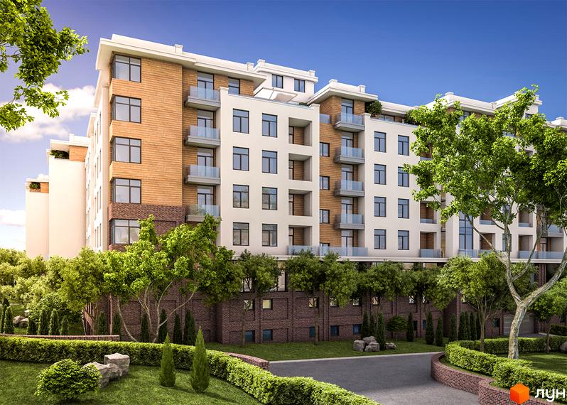 Житловий комплекс Comfort City - сучасна архітектура з дерев'яними та цегляними фасадами, скляними балконами та доглянутою прибудинковою територією з зеленими насадженнями.