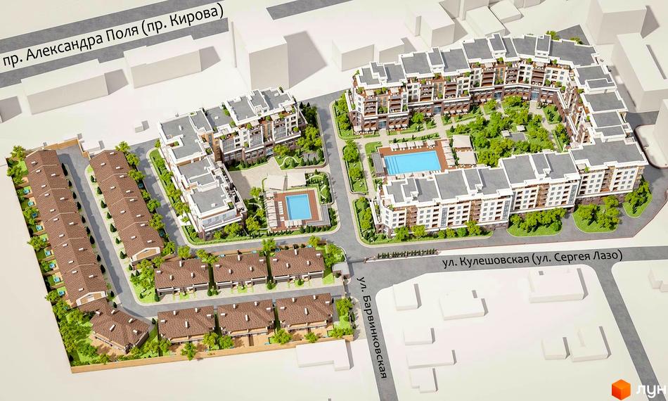 Житловий комплекс Comfort City: фасади багатоповерхових будинків та таунхаусів, прибудинкова територія з басейнами та зеленими зонами.