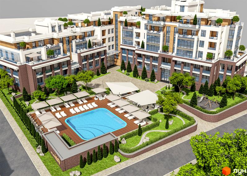 Житловий комплекс Comfort City з басейном та зоною відпочинку. Сучасна архітектура та доглянута прибудинкова територія з дитячим майданчиком.