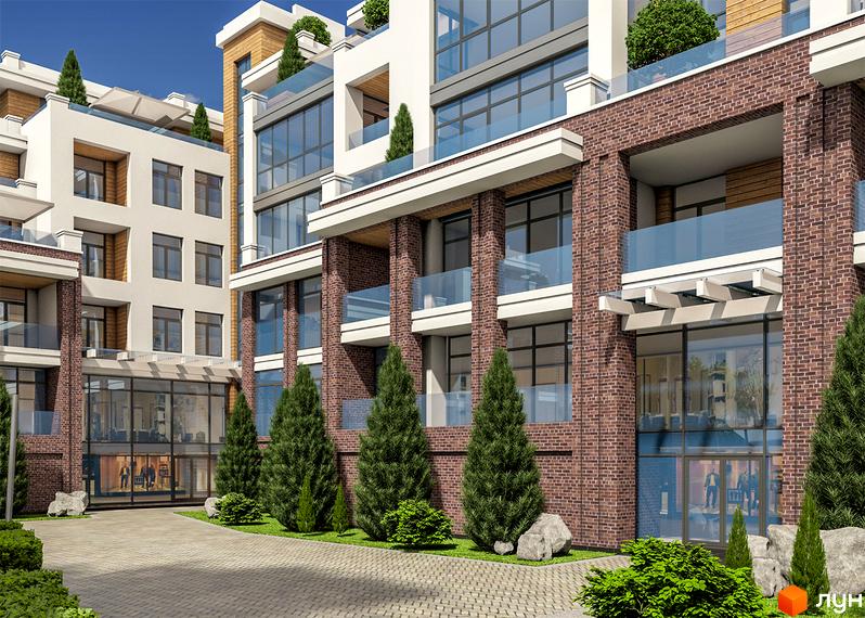 Зовнішній вигляд житлового комплексу Comfort City з цегляним фасадом та скляними балконами. Перед будинком розташована брукована доріжка та зелені насадження.