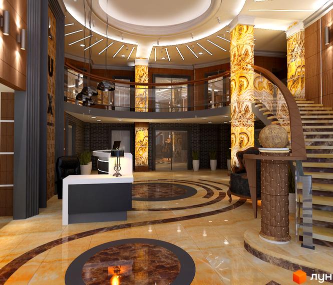 Сучасний інтер'єр холу житлового комплексу Comfort City з ресепшн, сходами та декоративними колонами. Дизайн інтер'єру новобудови.