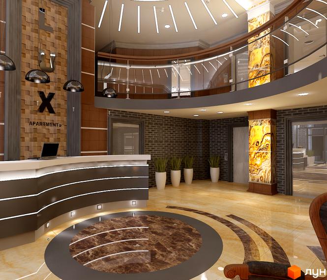 Рецепція ЖК Comfort City з дизайнерським оздобленням та мармуровою підлогою. Просторий хол з колонами та скляними перилами на другому поверсі.