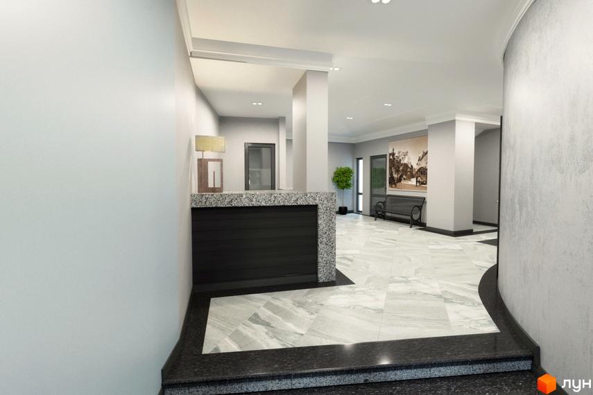 Інтер'єр холу Клубного будинку Modern Lux: рецепція з гранітною стільницею, світла плитка на підлозі, лава та декор.