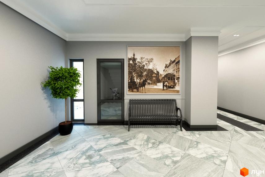 Інтер'єр холу Клубного будинку Modern Lux з світлими стінами, підлогою з плитки під мармур та зоною відпочинку з лавкою.