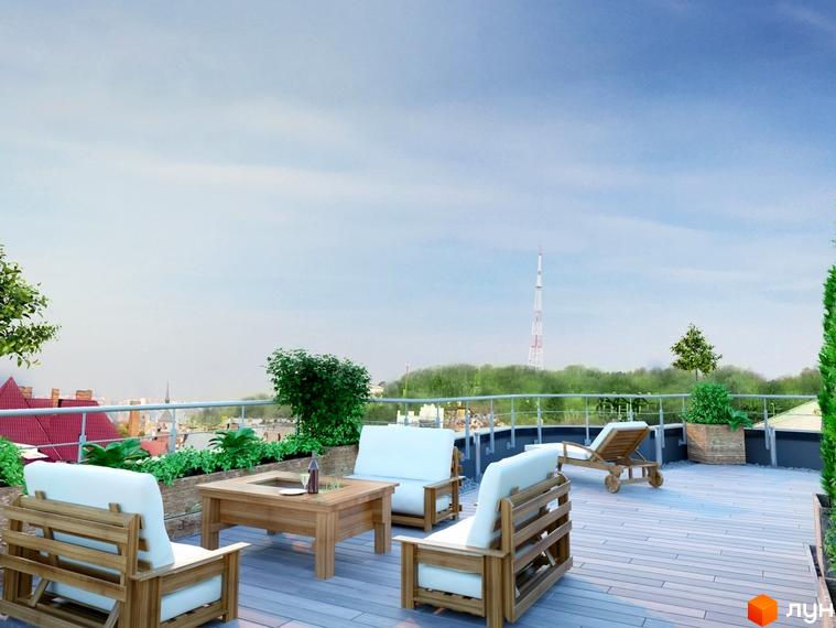 Тераса на даху Клубного будинку Modern Lux з дерев'яними меблями, рослинами та панорамним видом на місто.