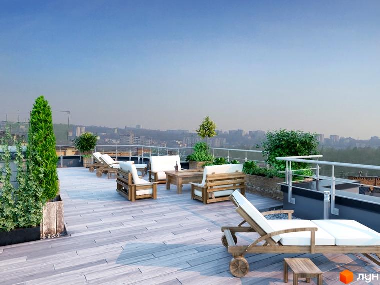 Тераса на даху Клубного будинку Modern Lux з дерев'яними лежаками та меблями. Простір для відпочинку з панорамним видом на місто.