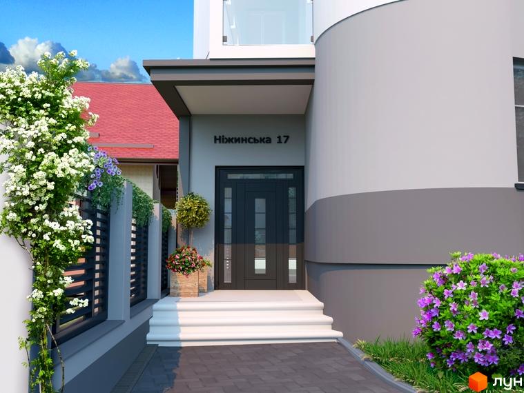 Клубний будинок Modern Lux за адресою Ніжинська 17. Фасад сіро-білого кольору з округлою стіною, темними вхідними дверима та доглянутою прибудинковою територією з квітами.