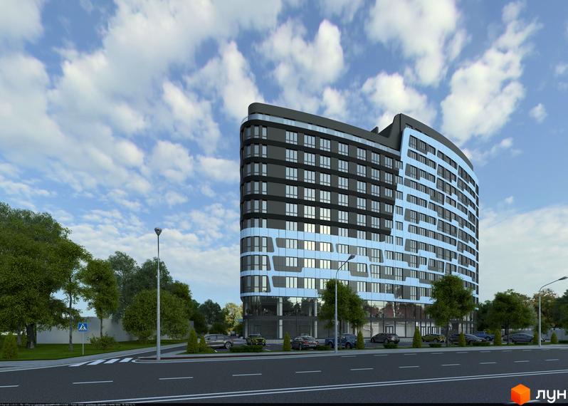 Зовнішній вигляд житлового комплексу Парус з вигнутим фасадом, що складається з темних та світло-блакитних секцій. Навколо будинку розташована зелена зона з деревами та припарковані автомобілі.