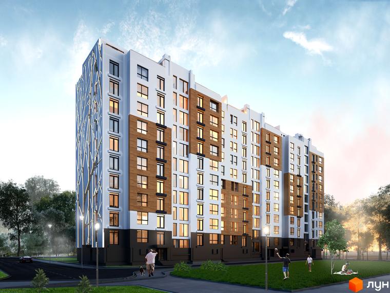 Висотна будівля ЖК AUROOM TOWER з панорамними вікнами та оздобленням фасаду деревом. На прибудинковій території зелена зона з деревами та людьми.