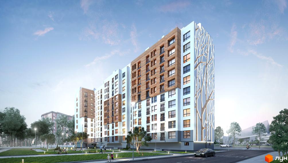 Житловий комплекс AUROOM TOWER з сучасним дизайном фасаду. На території комплексу є зелені зони та місця для відпочинку.