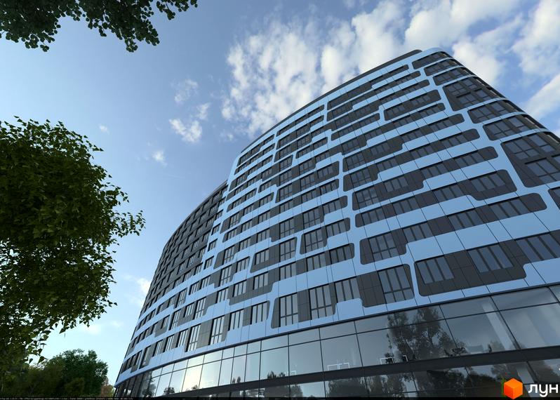 Зовнішній вигляд новобудови ЖК Парус з блакитними та сірими панелями та великими вікнами. Навколо будівлі видно зелені дерева та синє небо з хмарами.