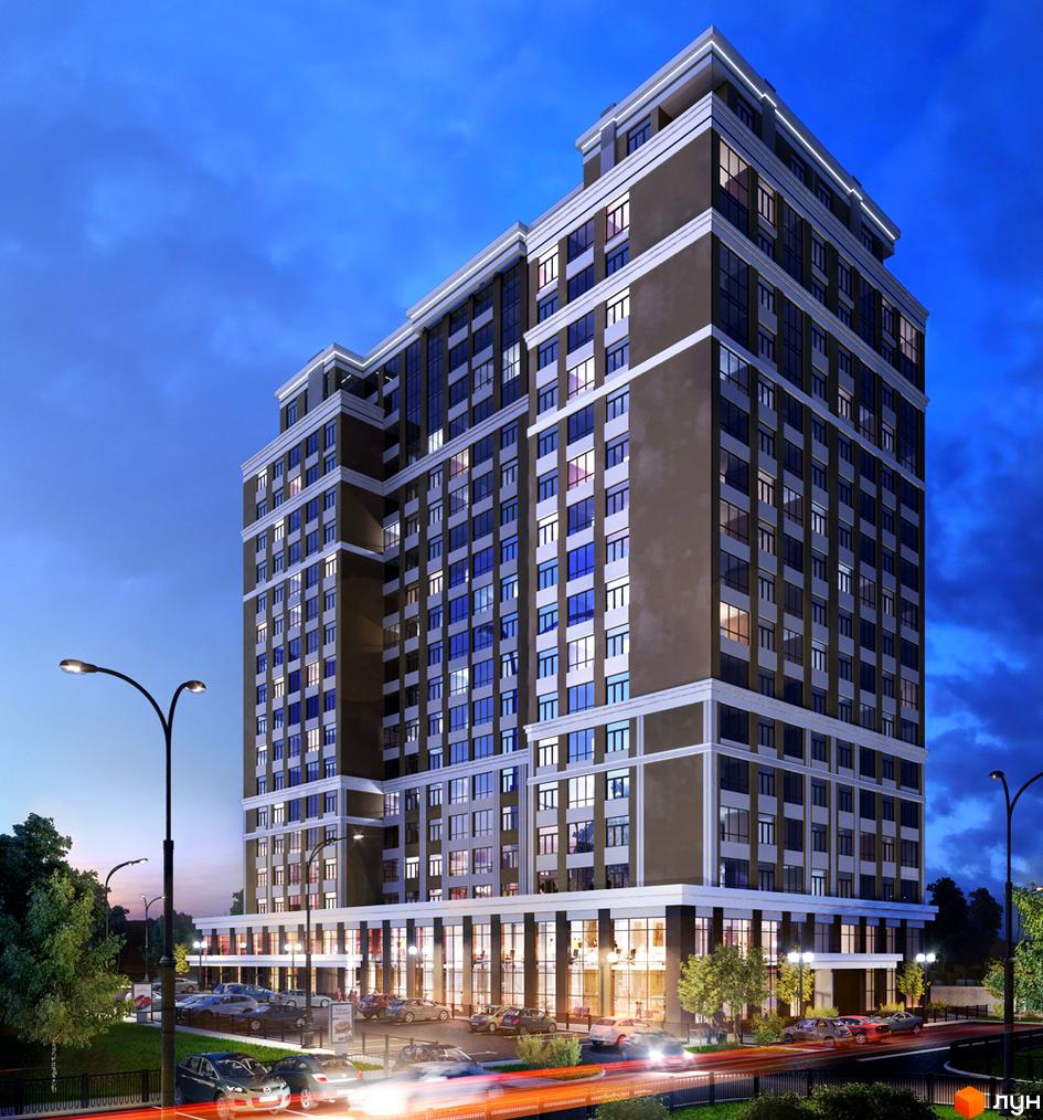 Висотна будівля житлового комплексу Sky-2 з великою кількістю вікон. На прибудинковій території є парковка, дерева та ліхтарі.