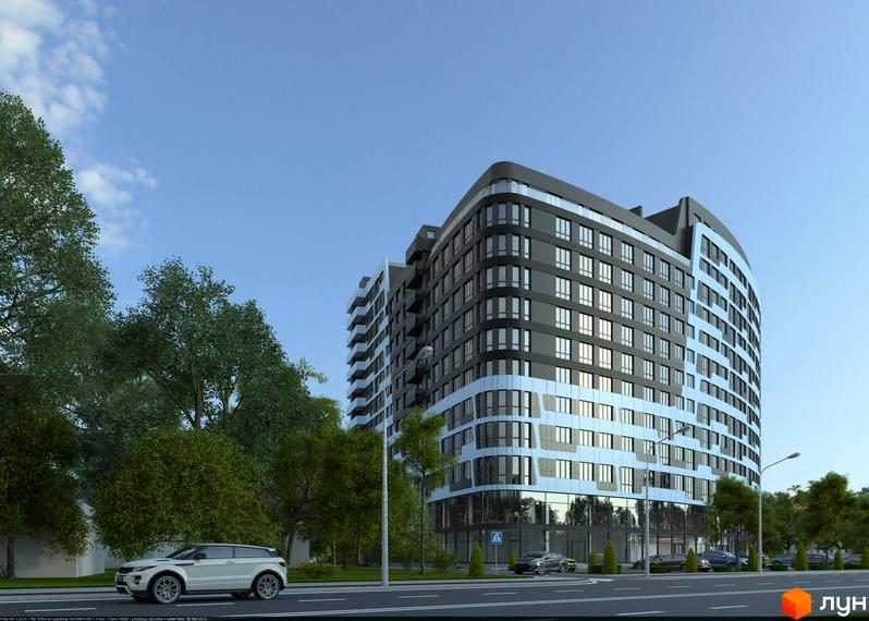 Житловий комплекс Парус - сучасна новобудова з вигнутим фасадом та панорамними вікнами. Навколо будинку зелені насадження та дорога з автомобілями.