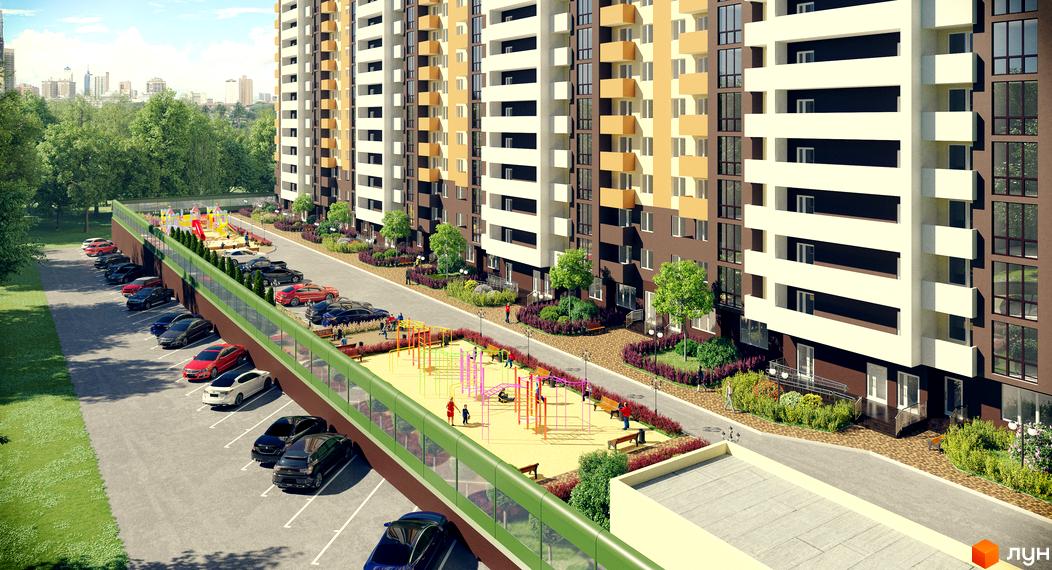 Житловий комплекс Караваєві Дачі: багатосекційний будинок з коричневими та світлими фасадами. Територія має парковку, зелені зони та дитячі майданчики.