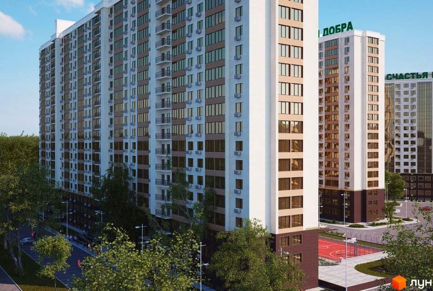 Зовнішній вигляд житлового комплексу Тридцять сьома перлина з високими будівлями та балконами. На прибудинковій території розташований спортивний майданчик та зелені насадження.