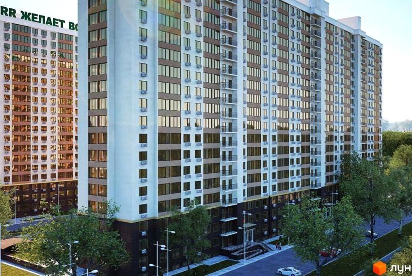 Житловий комплекс Тридцять сьома перлина: багатоповерховий будинок зі світлим фасадом, численними вікнами та балконами. Прибудинкова територія з деревами та дорогою.