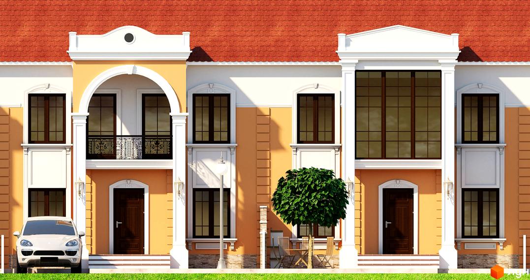 Зображення житлового комплексу Club Marine. Будинок з теракотовим дахом, світлими стінами та коричневими вікнами. Перед будинком газон та дерева.