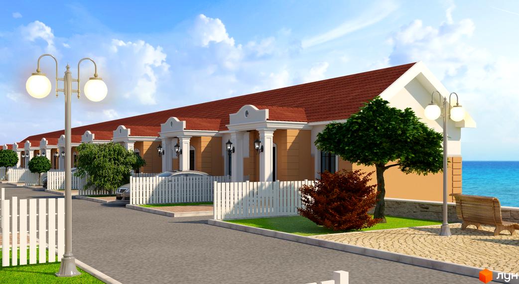 Таунхауси Club Marine з терасами та власними ділянками біля моря. На території ЖК є вуличні ліхтарі, доріжки та зелені насадження.