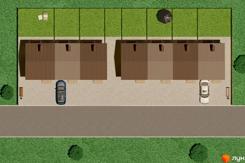 Зображення сторінки житлового комплексу Таунхаус „Дмитрівка“. На фото два будинки з коричневими дахами, перед будинками парковка для авто, навколо зелена трава та дерева.