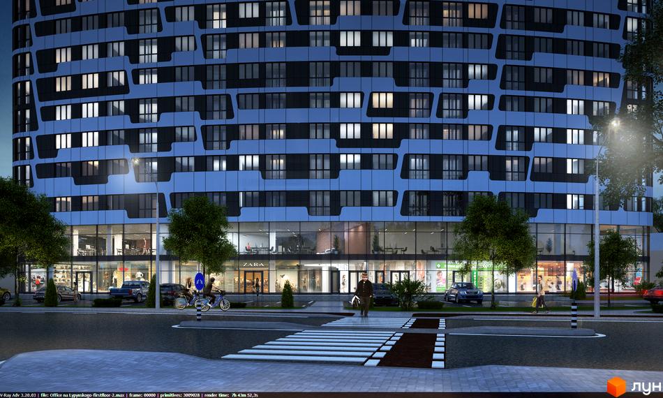 Житловий комплекс Парус з фасадом з вікон та комерційними приміщеннями на першому поверсі. Навколо комплексу розташовані дерева, вулиця з пішохідним переходом та автомобілі.