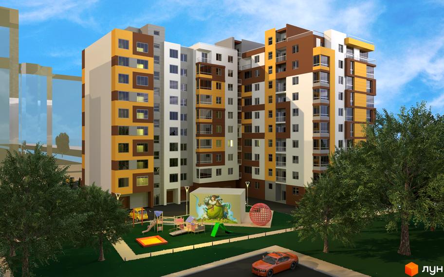 Новобудова на вул. Незалежності, 146а, з яскравим фасадом та дитячим майданчиком. Зовнішній вигляд будинку з коричневими та жовтими елементами, поруч зелена зона та ігрові споруди.