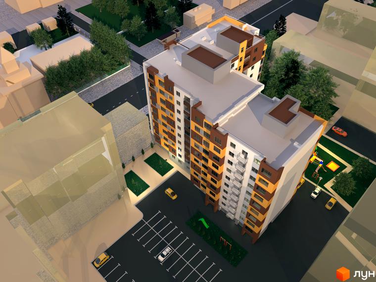 Зовнішній вигляд житлового комплексу на вулиці Незалежності, 146а, з парковкою та дитячим майданчиком. Огляд новобудови з висоти пташиного польоту.