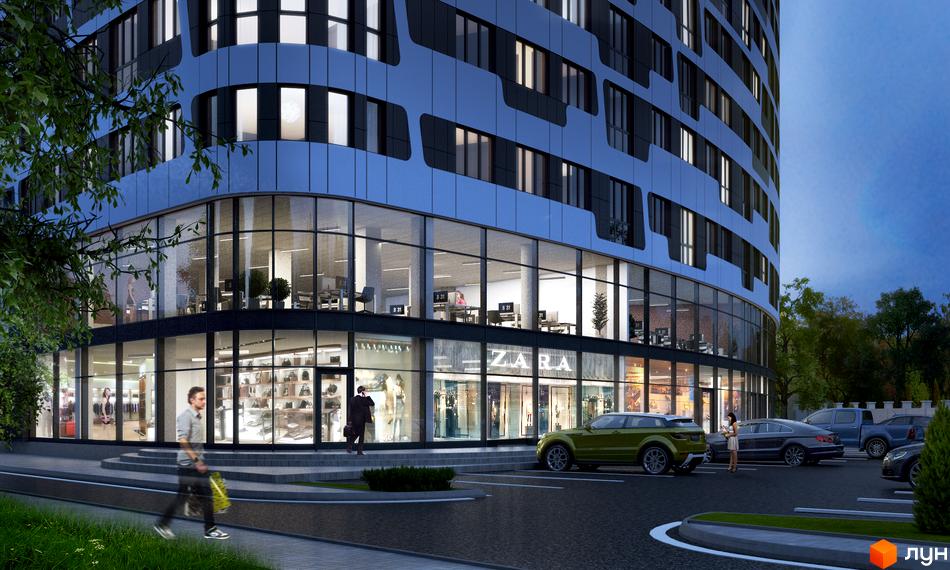 Зовнішній вигляд новобудови ЖК Парус з вітринами магазинів на першому поверсі та парковкою біля входу. Навколо будівлі розташовані дерева та зелені насадження.