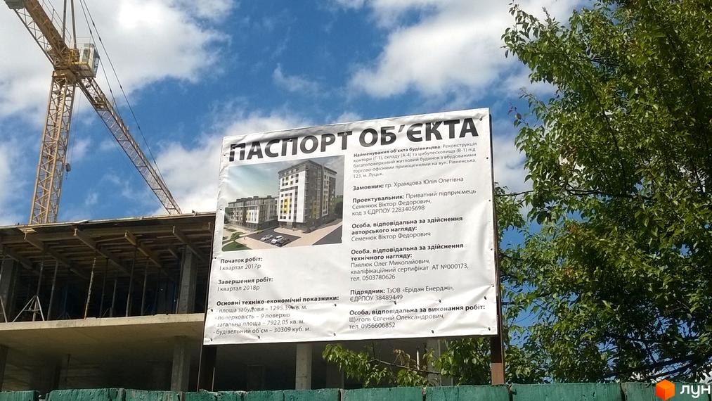 Зображення новобудови з фасадом у світлих тонах. На території комплексу є зелені насадження та парковка.