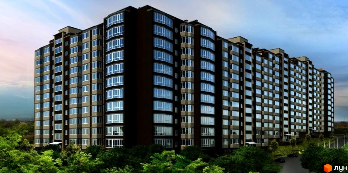 Зовнішній вигляд новобудови ЖК Преміум Парк з численними вікнами та балконами. Навколо будинку зелені насадження та доглянута прибудинкова територія.