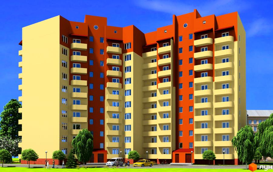 Зовнішній вигляд новобудови на вул. Степана Тимошенка (Якіра), 7а, з жовто-помаранчевим фасадом та балконами. Навколо будинку зелені дерева та доглянута прибудинкова територія.