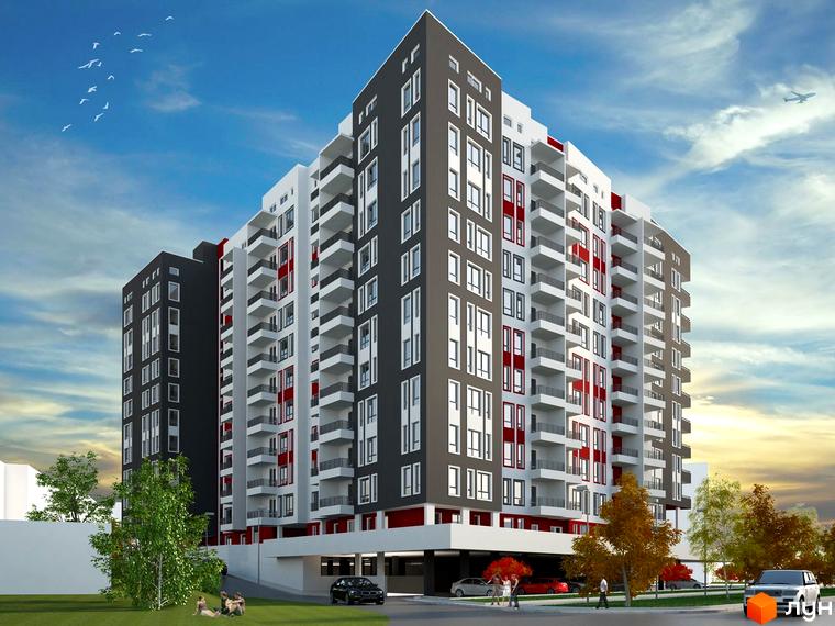 Новобудова ЖК Еко-дім на Червоної Калини. Багатоповерховий будинок з балконами та панорамними вікнами, поруч зелена зона з людьми та автомобілями.