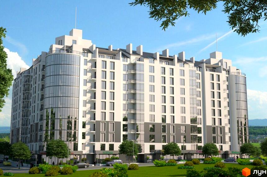 Житловий комплекс Європейський квартал: багатоповерховий будинок зі світлим фасадом та великими скляними елементами, оточений зеленими насадженнями та доглянутою територією.