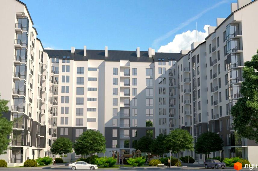 Зображення житлового комплексу Європейський квартал. Багатоповерховий будинок з великими вікнами та балконами, навколо якого розташована прибудинкова територія з деревами та газонами.