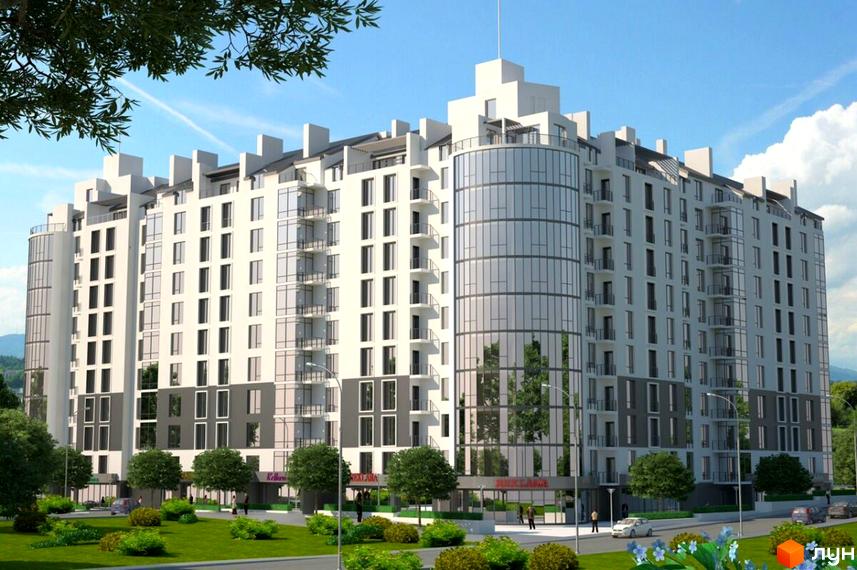 Житловий комплекс Європейський квартал. Висотна будівля з панорамними вікнами та скляним фасадом. На прибудинковій території газон, дерева та тротуар.