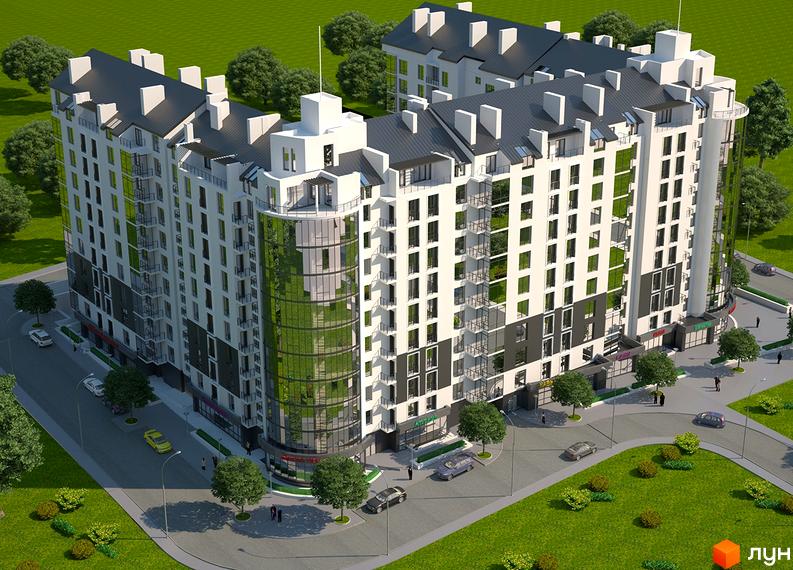 Житловий комплекс Європейський квартал: багатоповерховий будинок з білим фасадом, скляними балконами та вигнутою скляною секцією, оточений зеленню.