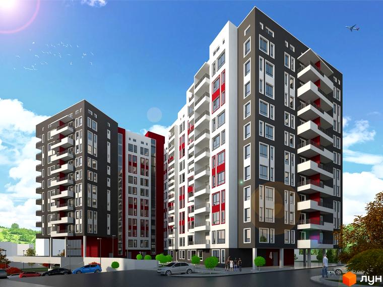 Житловий комплекс Еко-дім на Червоної Калини – сучасна новобудова з білими та сірими фасадами, червоними акцентами та балконами. Навколо будівель – доглянута прибудинкова територія з деревами та автомобілями.