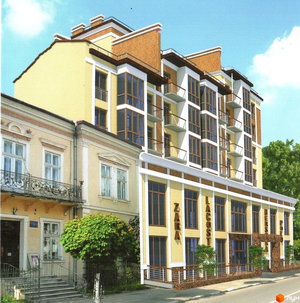 Зовнішній вигляд новобудови ЖК Центральний з елементами старої архітектури та сучасними балконами. Прибудинкова територія з деревами та огорожею.