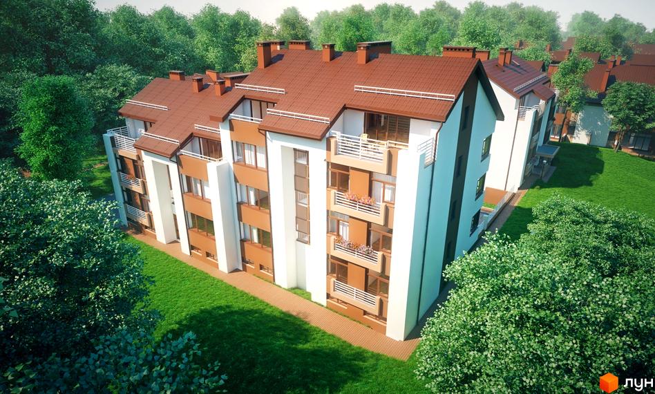 Житловий комплекс Паркове. Зовнішній вигляд триповерхових будинків з коричневими дахами та біло-коричневими фасадами, оточених зеленню та доглянутою прибудинковою територією.