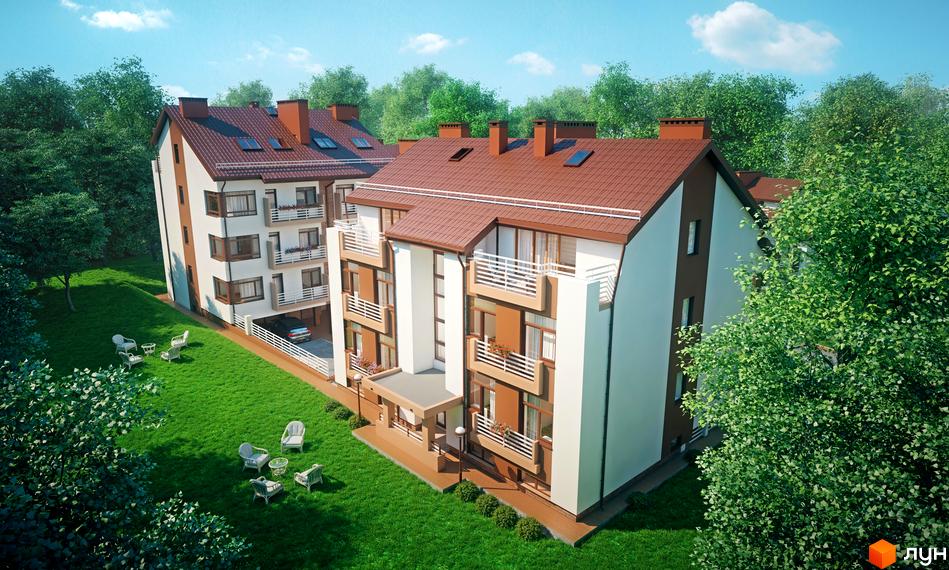 Житловий комплекс Паркове. Сучасна архітектура з коричневим дахом та білими фасадами, балконами та зеленим газоном з вуличними меблями.