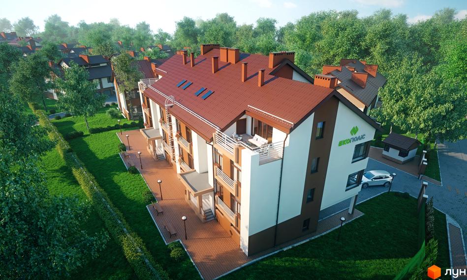 Зовнішній вигляд новобудови ЖК Паркове з коричневим та білим фасадом, червоним дахом та балконами. Навколо будинку зелена територія з деревами та доріжками.