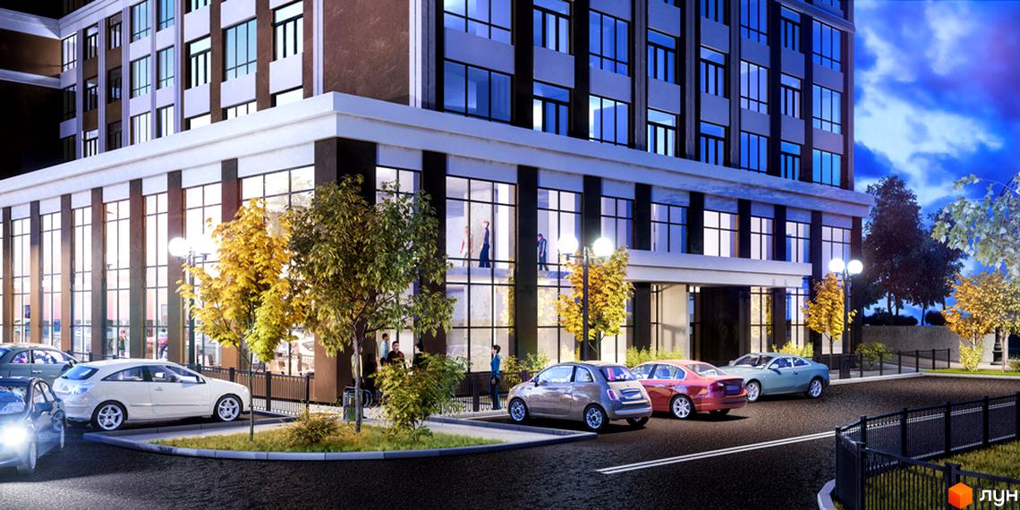 Житловий комплекс Sky-2: багатоповерховий будинок з великими вікнами. Поруч облаштована прибудинкова територія з парковкою та деревами.