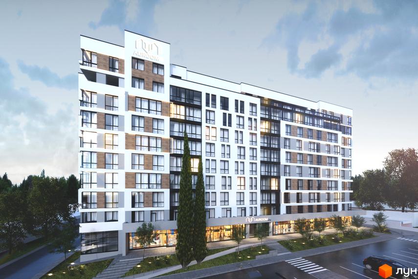 Новобудова AUROOM CITY з біло-сірим фасадом та дерев'яними вставками. Прибудинкова територія з деревами та освітленням.