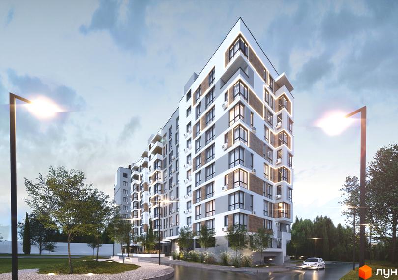 Житловий комплекс AUROOM CITY: багатоповерховий будинок з біло-сірим фасадом та дерев'яними вставками, освітлена прибудинкова територія з деревами.