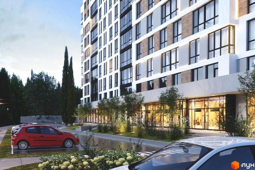 Житловий комплекс AUROOM CITY: багатоповерховий будинок з білим та дерев'яним фасадом, великими вікнами та комерційними приміщеннями. На прибудинковій території розташовані парковка та озеленені зони з деревами та кущами.
